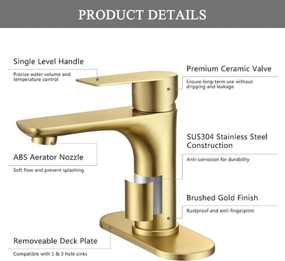 TONNY Single Handle Gold Bathroom Faucet | Stainless Steel Vanity Faucet with Deck Plate for 1 or 3 Holes, with Pop Up Drain for Vessel Sink Laundry Lavatory RV