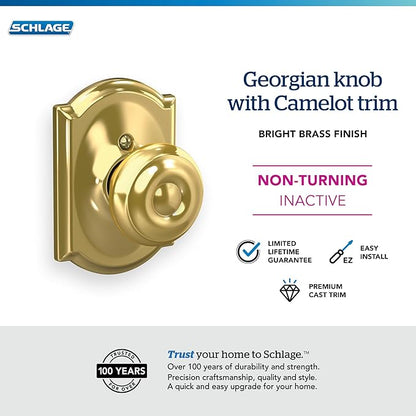 SCHLAGE Georgian Knob with Camelot Trim Non-Turning Lock, Bright Brass (F170 GEO 605 CAM)