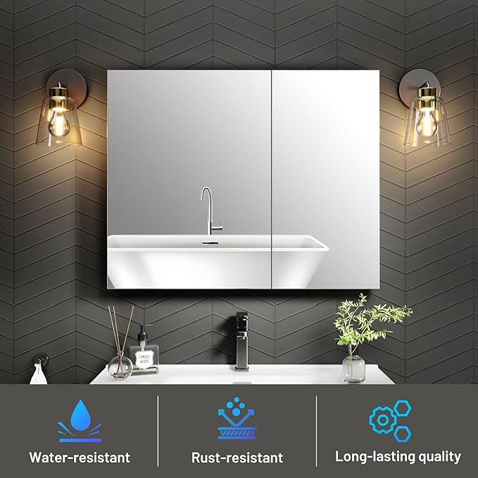 30 x 24 Medicine Cabinet Mirror for Bathroom,Aluminum Alloy Frame,Recessed/Surface Mounted,Mirrored Side Panel,Adjustable Shelves,Bathroom Medicine Cabinet with Mirror,Assembly Required