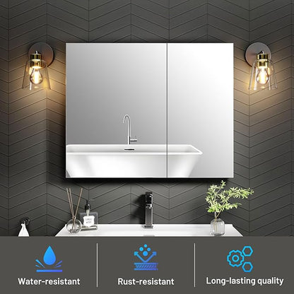 30 x 24 Medicine Cabinet Mirror for Bathroom,Aluminum Alloy Frame,Recessed/Surface Mounted,Mirrored Side Panel,Adjustable Shelves,Bathroom Medicine Cabinet with Mirror,Assembly Required