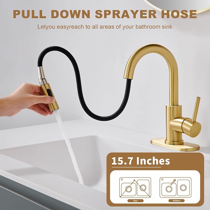 Gold Bathroom Sink Faucet with Pull Down Sprayer | 2 Mode Sprayer, with Deck Plate for 1 or 3 Hole, 360° Swivel, with Pop Up Drain for Vanity Bar RV Basin Laundry Kitchen