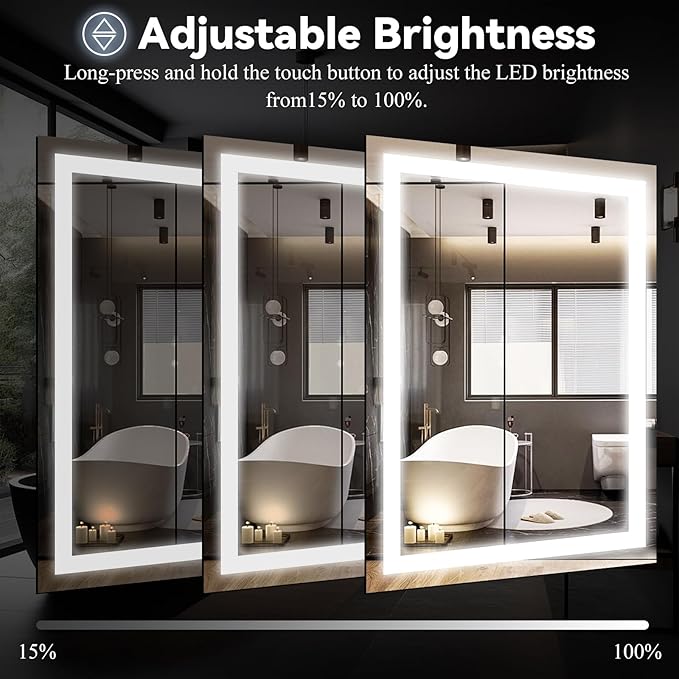 VooBang Bathroom Mirror with Lights 36 x 55 inches - 3 Adjustable Lighting Modes LED Bathroom Vanity Mirror, Anti-Fog, Memory Function, Tempered Glass, Wall Mounted Horizontally Vertically
