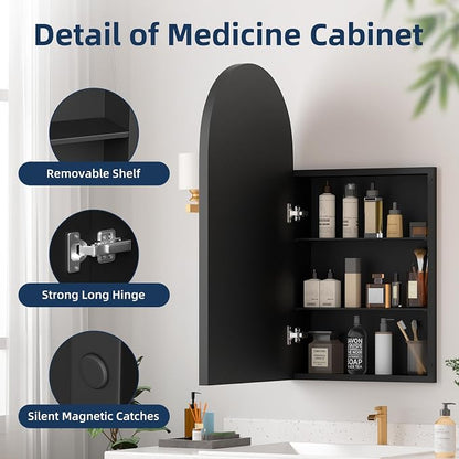 Medicine Cabinets for Bathroom, Black Arched Medicine Cabinet Recessed or Surface Wall-Mounted,Modern Bathroom Vanity Mirror with Storage, Mirrored Cabinet with Adjustable Shelves,16x31 Inch