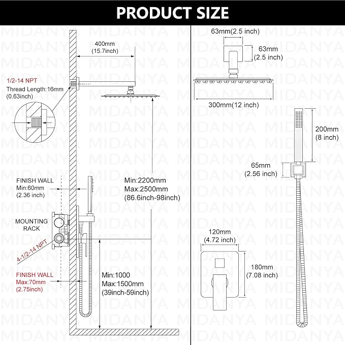 Midanya Shower Faucet Set with Handheld Sprayer,12 Inch,Brushed Gold | Rough-in Shower Valve and Trim Kit Included,Square Rain Head,Wall Mount Shower System,All Metal,Bathroom
