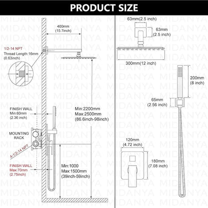Midanya Shower Faucet Set with Handheld Sprayer,12 Inch,Brushed Gold | Rough-in Shower Valve and Trim Kit Included,Square Rain Head,Wall Mount Shower System,All Metal,Bathroom