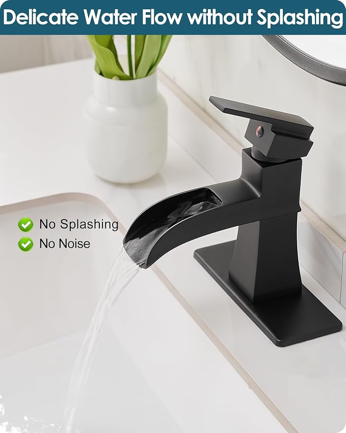 Waterfall Bathroom Faucet Black, Brass Bathroom Faucets One Hole or 3 Hole 4 Inch, Single Handle with Deck Plate & Water Hoses for Morden Lavatory Vanity RV, Not Equipped Pop-up Drain