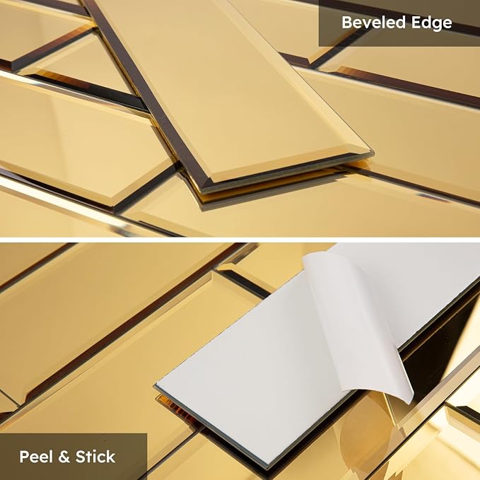 Peel and Stick Mirror Backsplash, Gold, 4x12 Inch, Beveled Mirror Subway Kitchen Bar Wall Tile (5 Sq.ft, 15 Pcs)