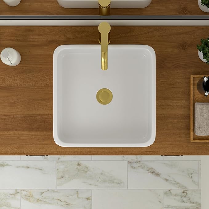 Logmey 15 Inch Bathroom Vessel Sink 15x15 Square Small White Vessel Sink for Bathroom Sink Above Counter Porcelain Ceramic Vanity Art Countertop Sink