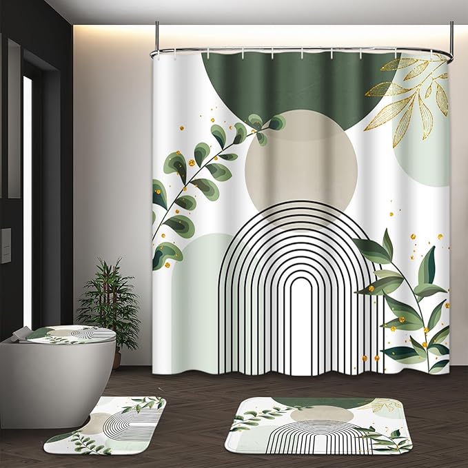 Bathroom Sets with Shower Curtain and Rugs, 4 Pcs, Boho Sage | Green Abstract Botanical Mid Century Bathroom Decor Set with Toilet Lid Cover, Non-Slip Bath Mats and Accessories 12 Hooks