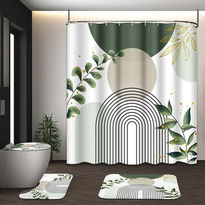 Bathroom Sets with Shower Curtain and Rugs, 4 Pcs, Boho Sage | Green Abstract Botanical Mid Century Bathroom Decor Set with Toilet Lid Cover, Non-Slip Bath Mats and Accessories 12 Hooks