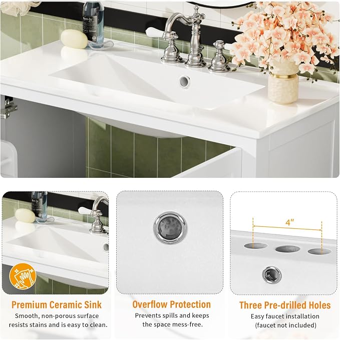 36" Freestanding Bathroom Vanity with Sink, Floor Stand Bathroom Storage Cabinet with Ceramic Sink, Doors with Double-Layered Storage Shelves, Modern Compact Vanity with Divided Drawer, White