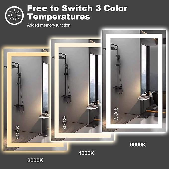 LED Bathroom Mirror 40"X36" with Front Light and Backlit | Stepless Dimmable, Anti-Fog, Shatter-Proof, HD Reflection, Memory, 3 Colors Lighting, UL Listed (Horizontal/Vertical).