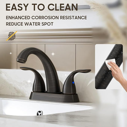 Phiestina 4 Inch 2 or 3 Holes 2 Handles Centerset Lead-Free Bathroom Sink Faucet, Oil Rubbed Bronze Bathroom Faucet with Copper Pop Up Drain and Water Supply Lines, BF008-5-ORB
