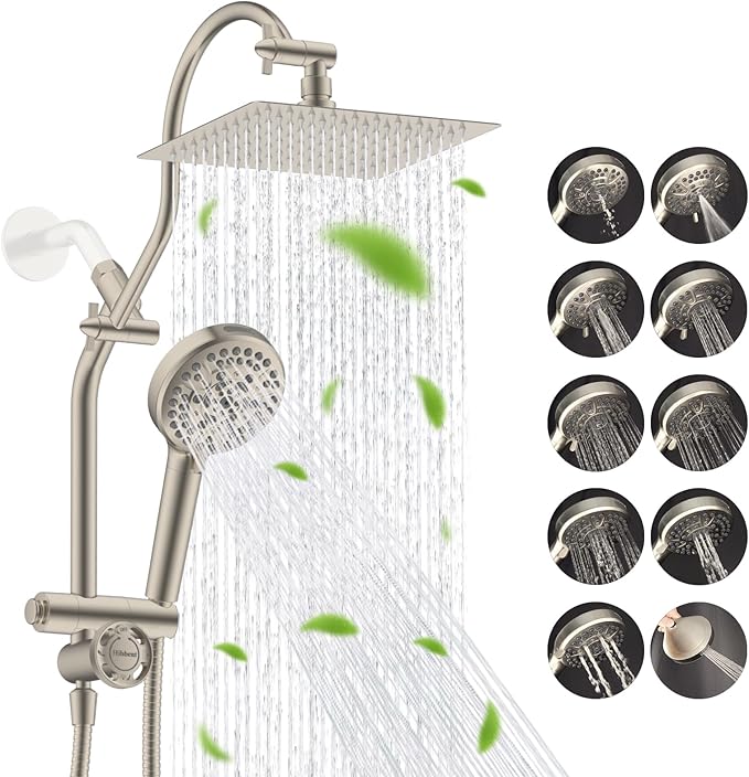 Hibbent High Pressue All Metal 8" Rainfall Shower Head, Handheld 10-Spray | cUPC Certified Brushed Nickel Dual Showerhead Combo, 4-way Diverter with Pause Mode, Brass Extension Arm, 71'' Hose & Holder