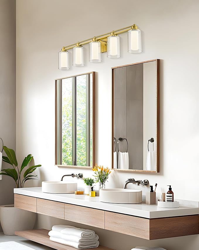 HWH 5-Light Vanity Light, Brushed Gold, Clear Glass, 30W, 5HLT63B-5W-LED BG | Dimmable, 5CCT, Modern, Bathroom Light Fixtures Vanity Lights Over Mirror, Vanity Lights for Bathroom, For Dressing Table