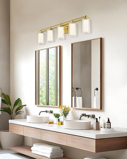 HWH 5-Light Vanity Light, Brushed Gold, Clear Glass, 30W, 5HLT63B-5W-LED BG | Dimmable, 5CCT, Modern, Bathroom Light Fixtures Vanity Lights Over Mirror, Vanity Lights for Bathroom, For Dressing Table