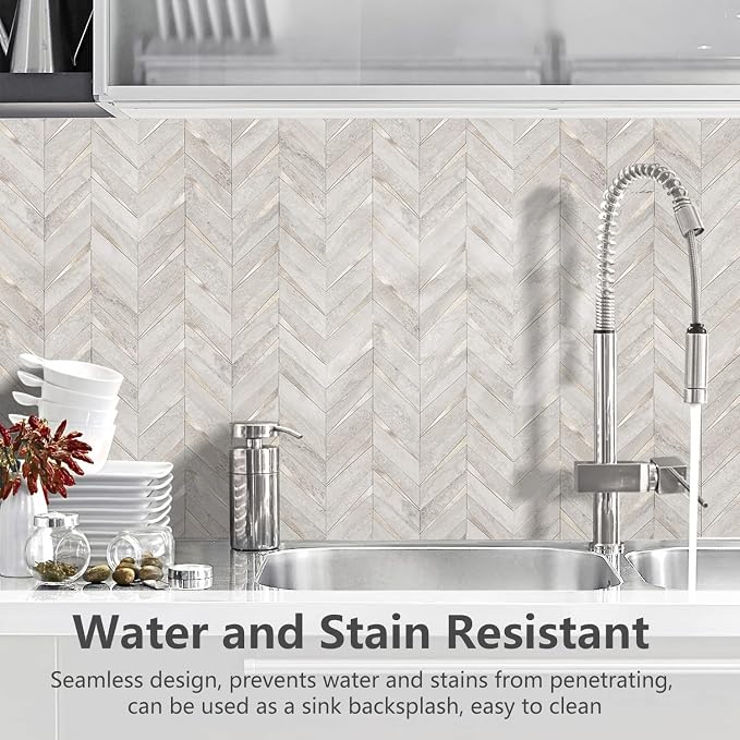 STICKGOO 10-Sheet Herringbone Tile Peel and Stick Backsplash, Beige Mixed Metal Gold PVC Stick on Backsplash, Self Adhesive Wall Tile for Kitchen and Bathroom | 10-Sheet Self Adhesive Wall Tiles, Beige Mixed Metal Gold PVC Stick on Backsplash Tile for ...
