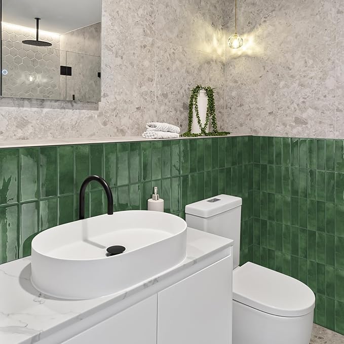 DEWOO 20-Sheet Green Peel and Stick Backsplash Tiles for Kitchen Wall | Self Adhesive,Vertical,Sticky,Subway,Rectangle,for Bathroom,Laundry,Sink,12"×12"
