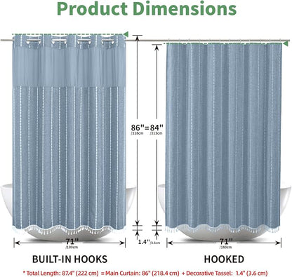 eachope No Hook Extra Long Shower Curtain Set with Snap-in Liner,Linen Textured Thick Striped Fabric with Tassels,Boho Chic Modern Farmhouse Bathroom Curtain,Water-Repellent,Blue,71x86 | 330GSM Thick Linen Textured Striped Fabric with Tassels,Snap-in L...