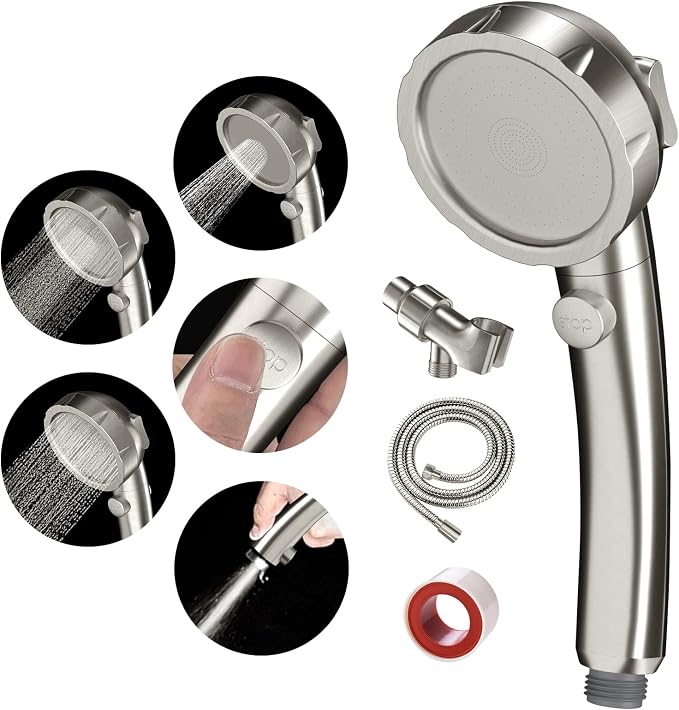 SINGSUO High Pressure Handheld Shower Head, On Off Switch (Brushed Nickel) | Detachable Shower Head, 3 Spray Modes Shower Massager Handheld with Hose and Adjustable Angle Bracket
