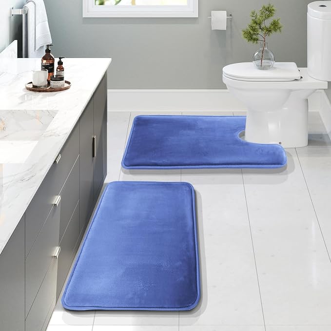 Clara Clark 2 Piece Bathroom Rugs, Velvet Memory Foam Bath Mat Set, Non-Slip Bath Rugs, Machine Wash, Dries Quickly, Ultra Soft Plush Bath Mats for Bathroom, 17 x 24 + Contour, Calm Blue