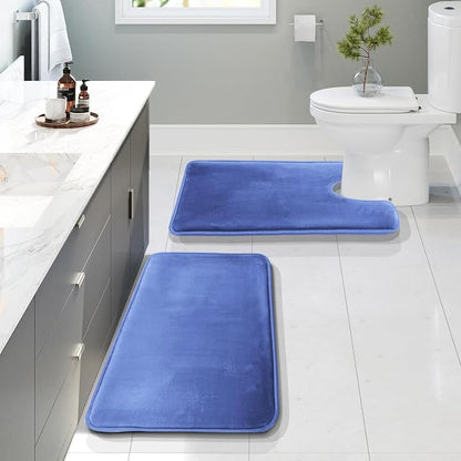Clara Clark 2 Piece Bathroom Rugs, Velvet Memory Foam Bath Mat Set, Non-Slip Bath Rugs, Machine Wash, Dries Quickly, Ultra Soft Plush Bath Mats for Bathroom, 17 x 24 + Contour, Calm Blue