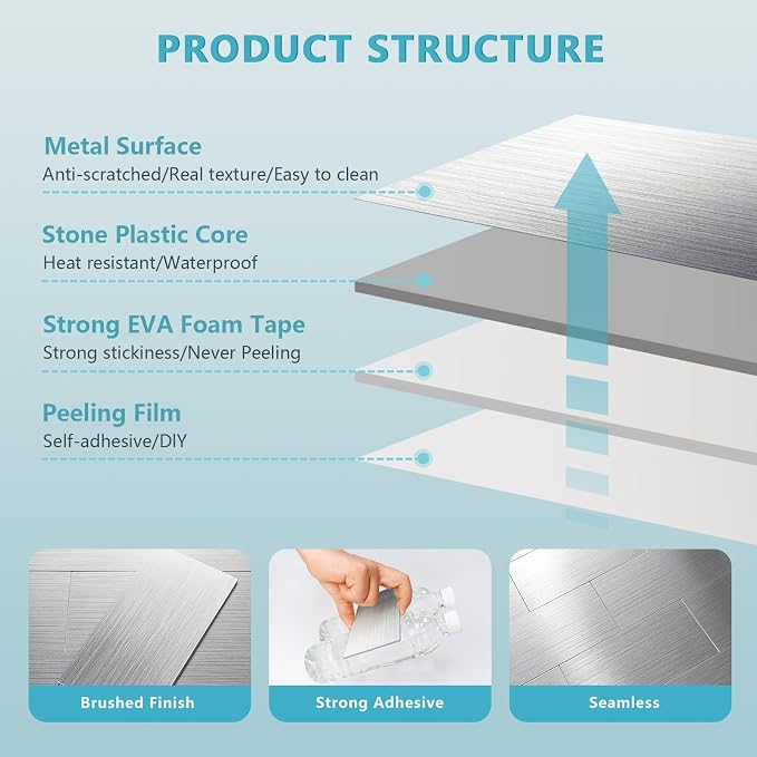 Vamos Tile 100-Piece Peel and Stick Backsplash Seamless Tile,3''x6'' Brushed Stainless Steel Metal Subway Tile,Stick on Backsplash for Kitchen/Bathroom/Laundry Room