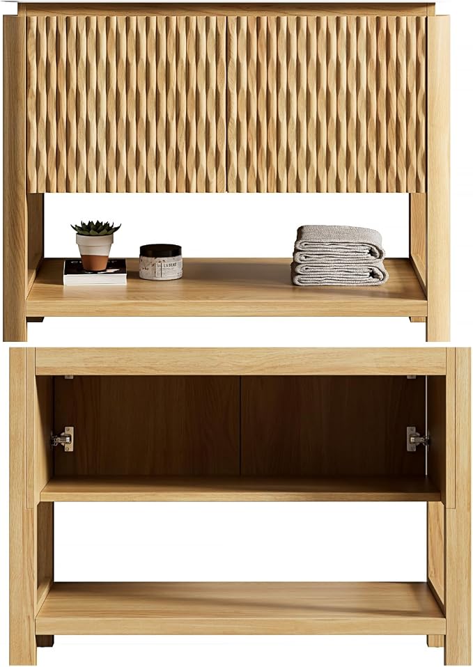 36" Bathroom Vanity with Sink, Freestanding Bathroom Storage Cabinet with Marble-Pattern Ceramic Basin & 2 Bamboo Texture Doors, Floor Stand Vanity Combo with Bottom Open Shelf, Natural