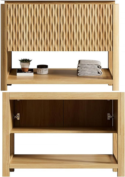 36" Bathroom Vanity with Sink, Freestanding Bathroom Storage Cabinet with Marble-Pattern Ceramic Basin & 2 Bamboo Texture Doors, Floor Stand Vanity Combo with Bottom Open Shelf, Natural