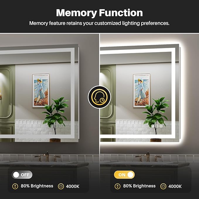 48x38 Inch LED Bathroom Mirror with Lights, Backlit & Front Lit, Anti-Fog Lighted Bathroom Vanity Mirror for Wall, Memory Function, Dimmable, HD Tempered Glass, Shatter-Proof