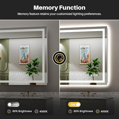 48x38 Inch LED Bathroom Mirror with Lights, Backlit & Front Lit, Anti-Fog Lighted Bathroom Vanity Mirror for Wall, Memory Function, Dimmable, HD Tempered Glass, Shatter-Proof