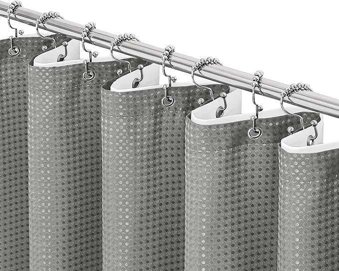 3 in 1 Grey Shower Curtain with PEVA Liner, 12 Hooks, 72x72 | Luxury Weighted Fabric Shower Curtain Set, 12 Stainless Steel Double-Sided Hooks, Water Repellent, Bathroom Decor