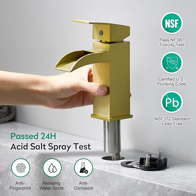 CREA Brushed Gold Waterfall Bathroom Faucet 1 Hole Single Handle Bathroom Sink Faucet with Pop Up Drain Stainless Steel Vanity Faucet Basin Mixer Tap Hot Cold Water Supply Line 3 Hole Deck Plate