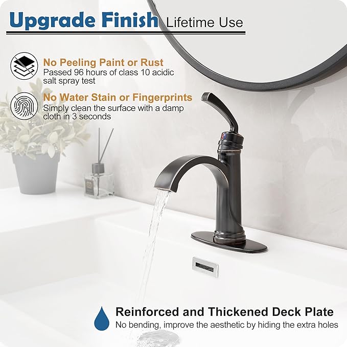 Brass Oil Rubbed Bronze Bathroom Faucet 1 Hole, Waterfall Bathroom Sink Faucet 4 Inch 3 Hole Single Handle with Pop-up Drain, Pre-Installed Water Hoses, Deck Plate for Farmhouse Vanity Sink