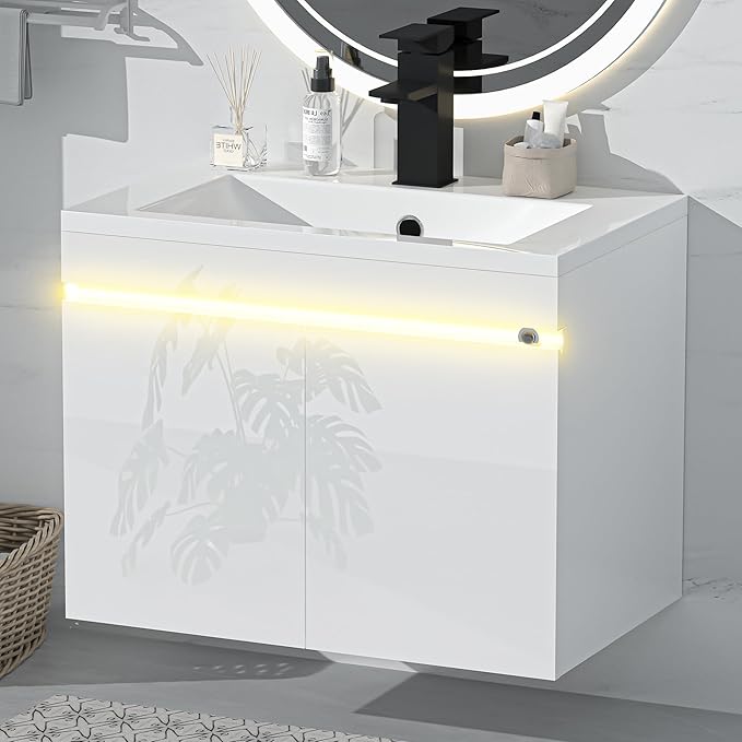 AHB 24 inch Bathroom Vanity W/Sink Combo, High Gloss Bathroom Cabinet, Smart Wall Mounted Sink Cabinet Auto Motion Sensor LED Light, Modern Floating Vanity with Faucet