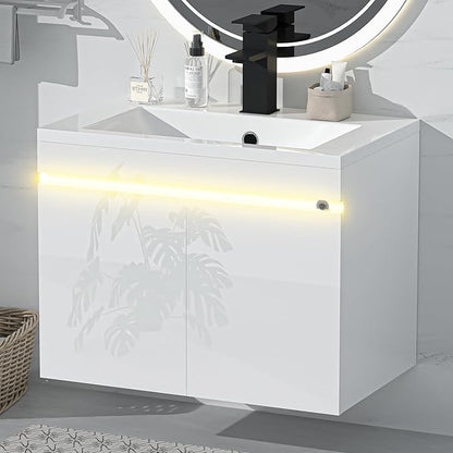 AHB 24 inch Bathroom Vanity W/Sink Combo, High Gloss Bathroom Cabinet, Smart Wall Mounted Sink Cabinet Auto Motion Sensor LED Light, Modern Floating Vanity with Faucet