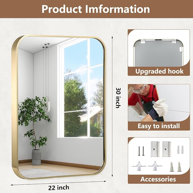 22x30 Inch Gold Bathroom Mirror, Brushed Brass Gold Metal Framed Rectangular Mirror with Rounded Corner, Bathroom Vanity Mirror for Bedroom or Living Room, Horizontal/Vertical