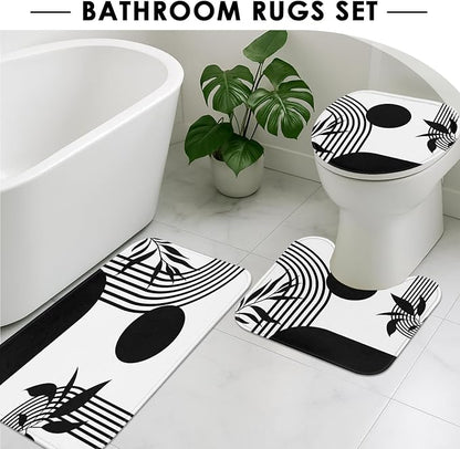 Bathroom Sets with Shower Curtain and Rugs, 4 Pcs, Boho Minimalist | Abstract Mid Century Geometric Bathroom Decor Set with Toilet Lid Cover, Non-Slip Bath Mats and 12 Hooks