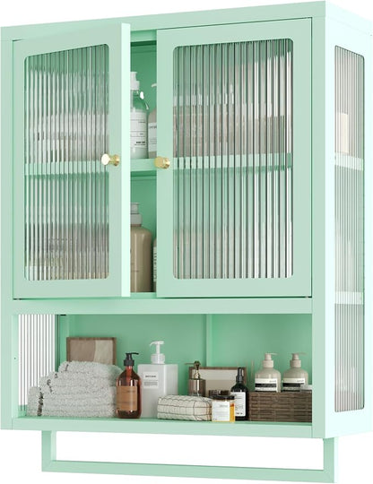 Bathroom Wall Cabinet with 2 Glass Door, Bathroom Medicine Cabinet with Towels Bar and Shelves, Over The Toilet Storage Cabinet, Metal Wall Mounted Cabinet for Laundry Room Kitchen (Green)