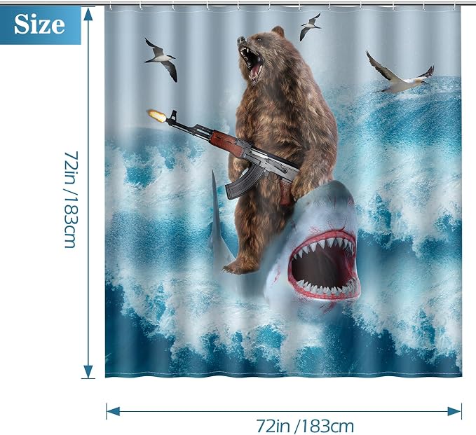 Funny Shark Bear Shower Curtain - Fun Bear Riding Shark in Ocean Wave Cool Shower Curtains Set with 12 Hooks for Adults Wild Bathroom Decor Accessories, 72"x72", Blue Brown