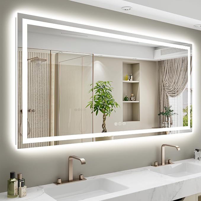 68x40 LED Bathroom Mirror with Lights, Lighted Vanity Mirror | Backlit and Front Light, Anti-Fog, 3 Color Dimmable, Memory, Tempered Glass, IP54 Waterproof, UL Listed