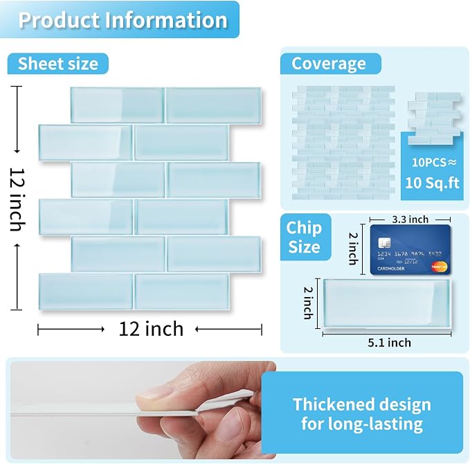 Art3d Seaglass Subway Design Peel and Stick Backsplash, 10-Pack, Aqua Blue | 12 x 12 Inch, Water Resistant, Durable, Easy to Installation, Coastal Style, for Modern Home Decor, Kitchen, Home Improvement