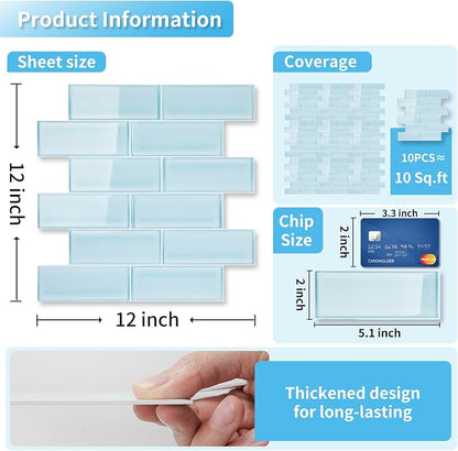 Art3d Seaglass Subway Design Peel and Stick Backsplash, 10-Pack, Aqua Blue | 12 x 12 Inch, Water Resistant, Durable, Easy to Installation, Coastal Style, for Modern Home Decor, Kitchen, Home Improvement