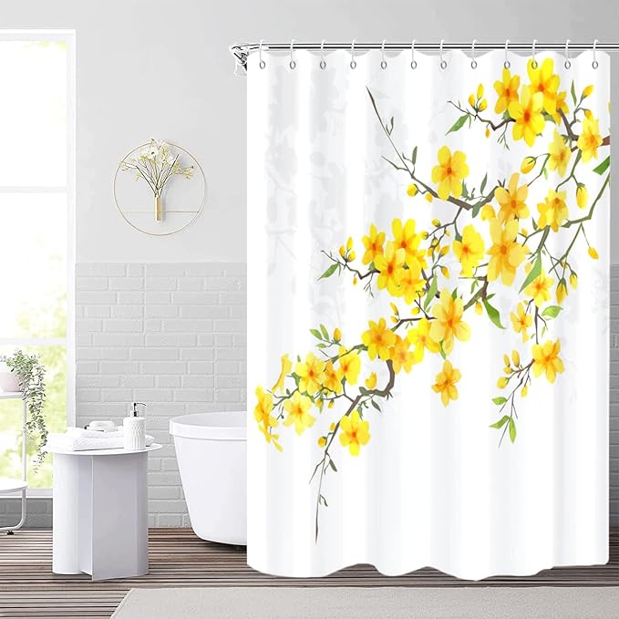 Yellow Floral Extra Long Shower Curtain, Flower Blossom Plant Botanical Spring Durable Waterproof Fabric Machine Washable with Hooks for Bathroom Bathtub 72Wx84H