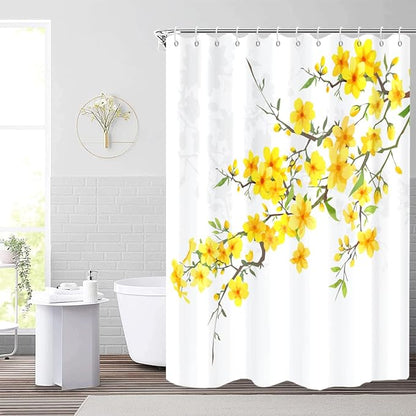 Yellow Floral Extra Long Shower Curtain, Flower Blossom Plant Botanical Spring Durable Waterproof Fabric Machine Washable with Hooks for Bathroom Bathtub 72Wx84H