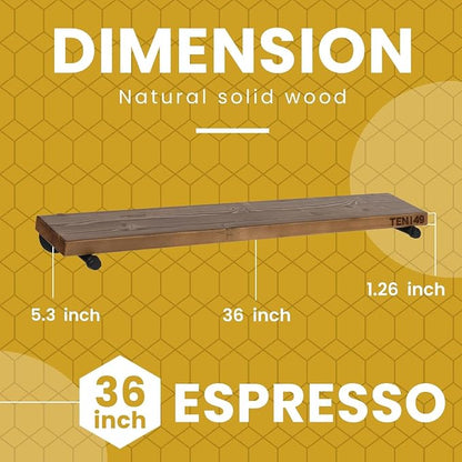 TEN49 Real Wood Rustic Floating Shelves Wall - 36 Wide Small Wooden Industrial Pipe Shelving - Farmhouse Pipe Wall Shelves Furniture Bathroom Decor Art Shelf Kitchen - Dark Espresso Color - Set of 2
