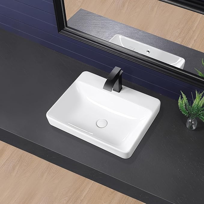 Vessel Sink 23"x18" Semi Recessed Bathroom Sink Drop-in White Bathroom Sink Porcelain Ceramic Modern Rectangular Sinks Drop-in Vanity Sinks with Overflow for Bathrooms