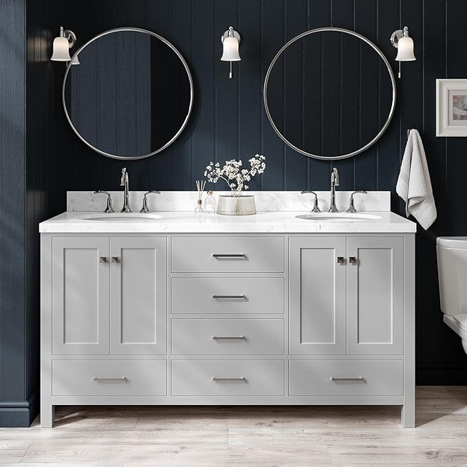 ARIEL Cambridge 66-inch Bathroom Vanity with Sink,Solid Wood, 1.5-inch Carrara White Quartz Countertop & Backsplash, Double Oval Porcelain Sink, 4 Soft Closing Doors, 6 Dovetail Drawers, Grey