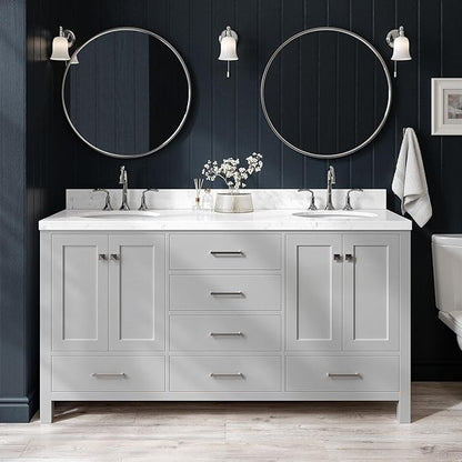 ARIEL Cambridge 66-inch Bathroom Vanity with Sink,Solid Wood, 1.5-inch Carrara White Quartz Countertop & Backsplash, Double Oval Porcelain Sink, 4 Soft Closing Doors, 6 Dovetail Drawers, Grey