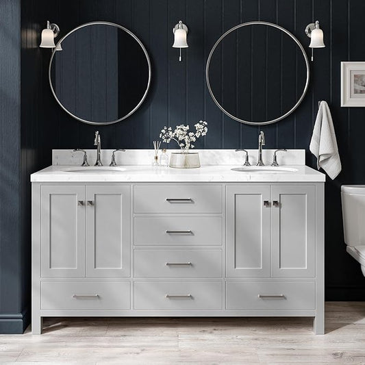 ARIEL Cambridge 66-inch Bathroom Vanity with Sink,Solid Wood, 1.5-inch Carrara White Quartz Countertop & Backsplash, Double Oval Porcelain Sink, 4 Soft Closing Doors, 6 Dovetail Drawers, Grey